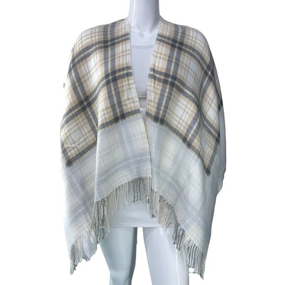 J Jill Womens One Size Poncho Sweater Wrap Plaid Acrylic Fringe Neutral Soft - Picture 11 of 14